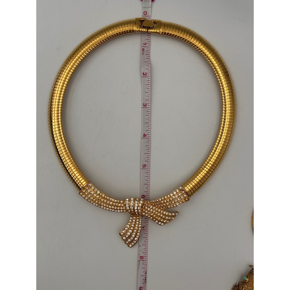Monet Vintage Gold Tone Omega Pave Rhinestone Bow Collar 80s Statement Necklace - Picture 9 of 13